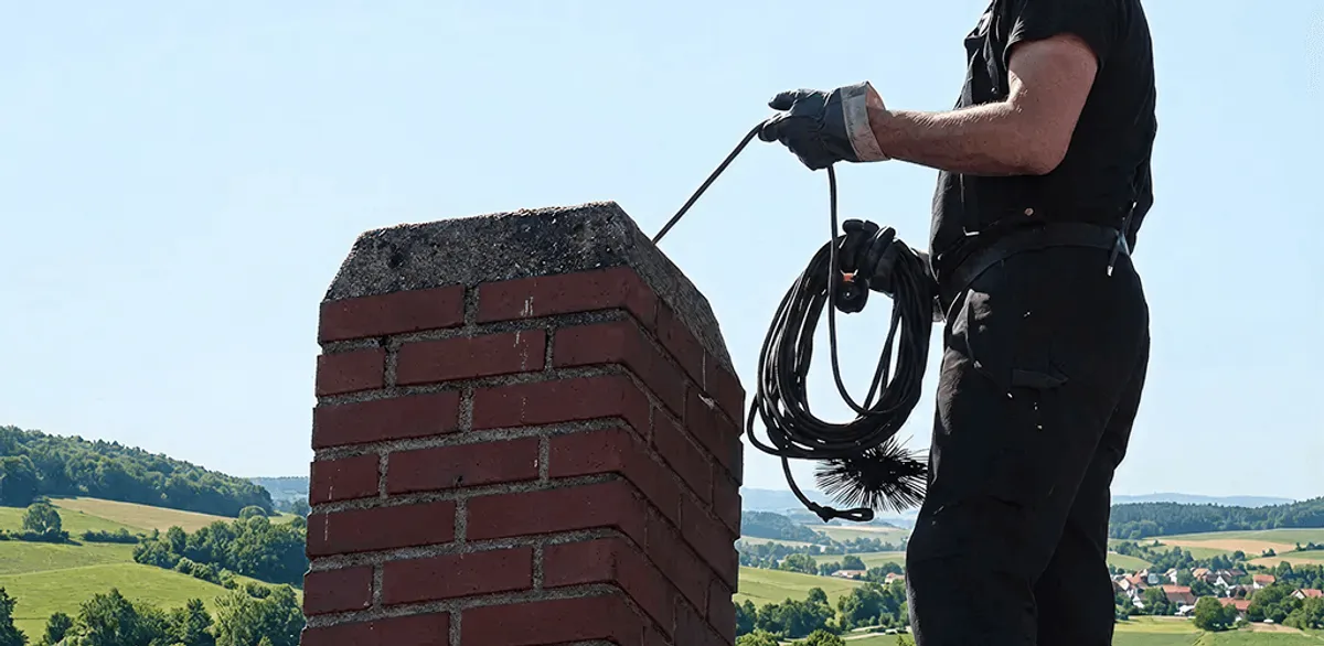 Chimney sweep inspecting and cleaning a rooftop chimney in Grand Rapids, MI