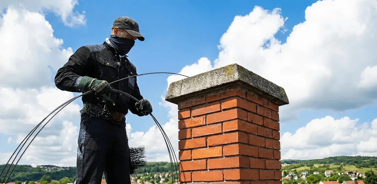 Chimney sweep cleaning a brick chimney with professional tools in Grand Rapids, MI